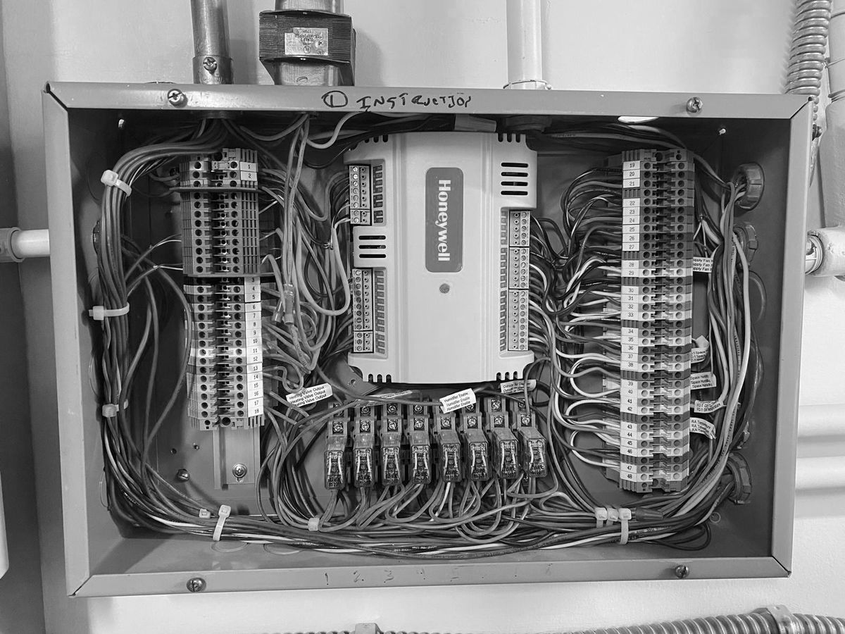Low-voltage control panel wired and labeled